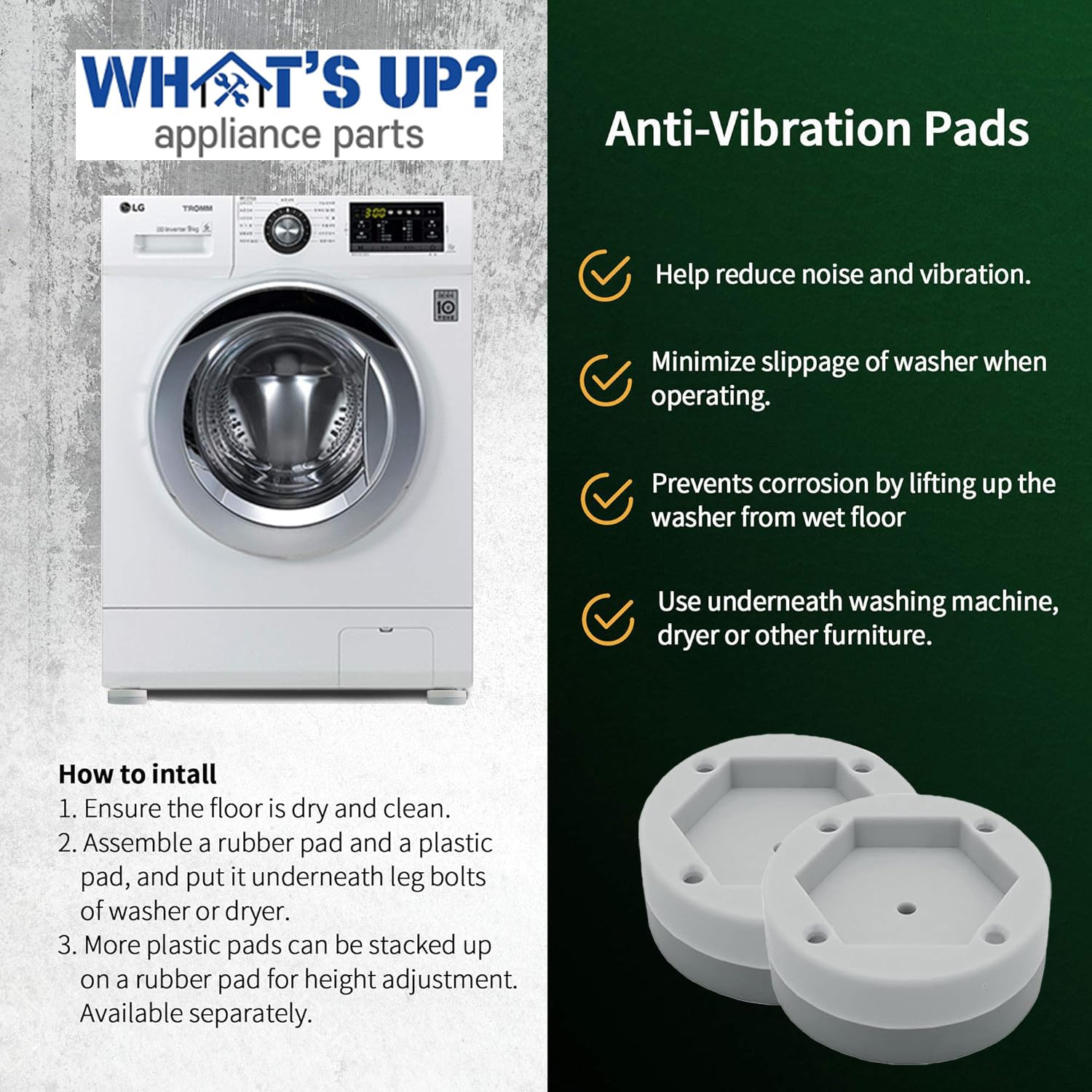 Anti Vibration Pads for Washing Machine - Heavy Duty Washer Dryer Noise Reduction & Shock Absorbing Rubber Feet - Non-Slip Furniture & Appliance Stabilizers (2 Pack) - Perfect for Home Laundry Rooms, Apartments & Noise-Sensitive Areas