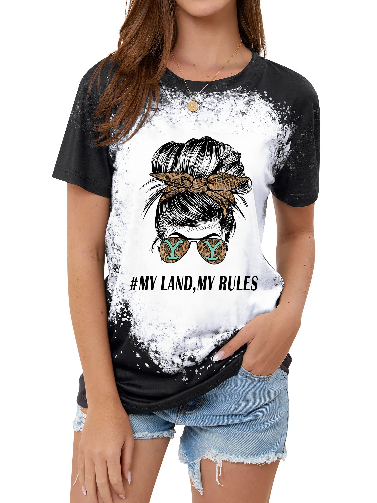Vintage Bleached Skull Graphic Tees for Women - Trendy Messy Bun Mom T-Shirts - Casual Streetwear & Everyday Comfort