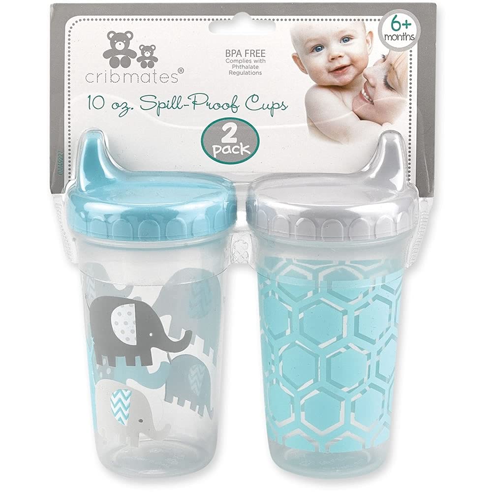 10oz Spill Proof Cups 2-Pack with Blue Elephant Design - BPA-Free Toddler Sippy Cups for Travel, Daycare & Home Use
