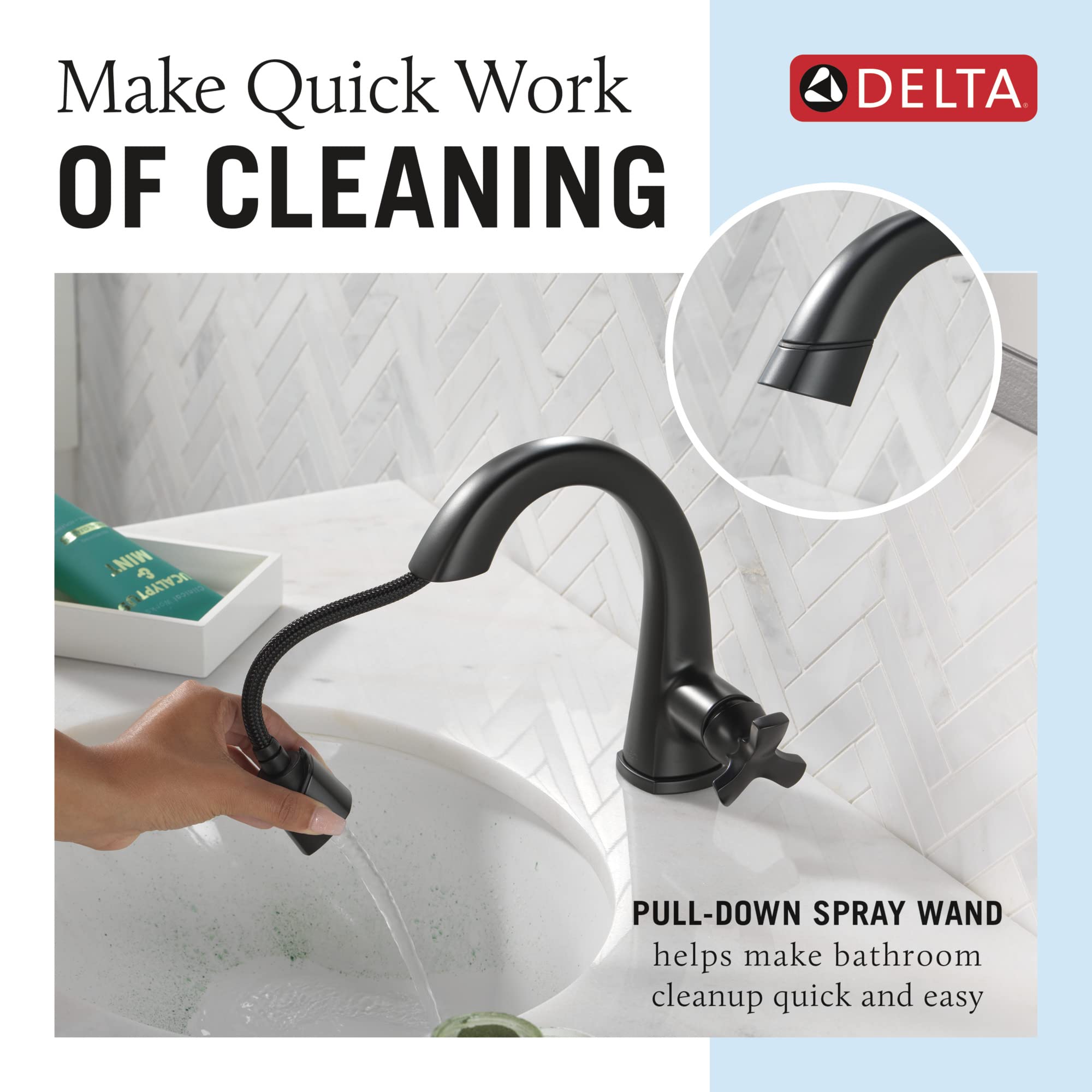 Delta 577-BLPD-DST Matte Black Single Hole Bathroom Faucet with Pull Down Sprayer & Magnetic Docking - Modern Bathroom Sink Faucet for Vanity, Powder Room, and Guest Bath Installation