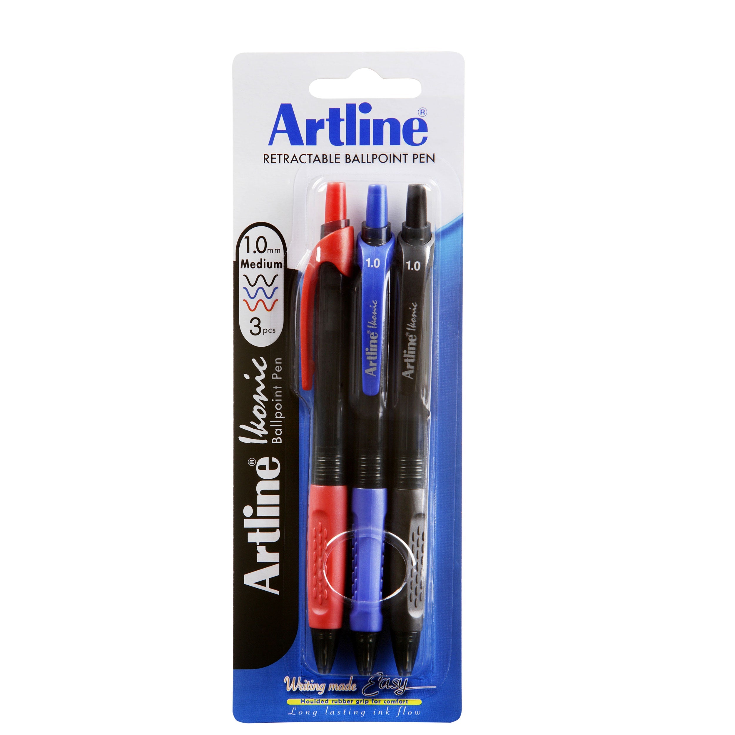 Artline Ikonic Retractable Grip Ballpoint Pens - Medium Tip (3-Pack) - Smooth Writing for Office, School & Home Use