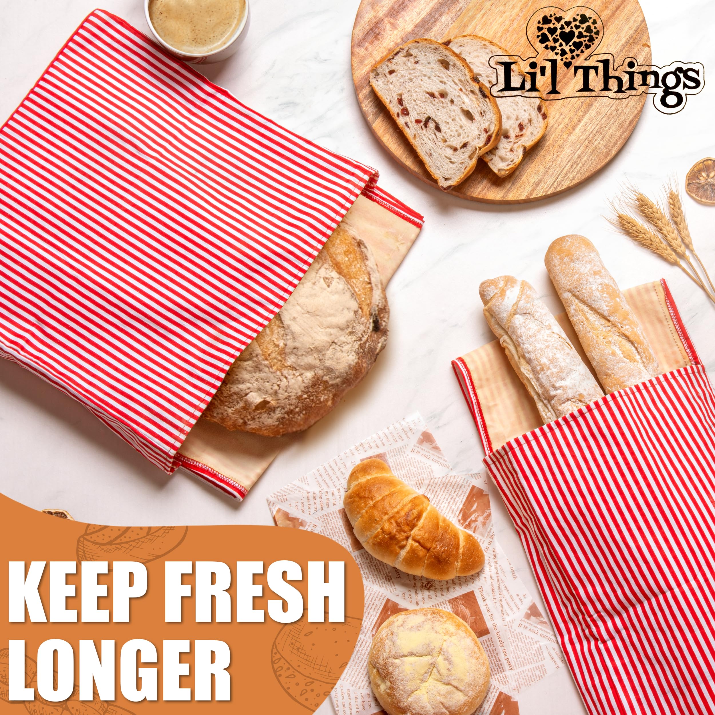 Eco-Friendly Reusable Beeswax Bread Bags Set of 2 Sizes (13x13 & 15x9 inches) - 6 Themed Food Storage Wraps for Homemade & Store-Bought Bread - Perfect for Picnics, Lunchboxes & Sustainable Kitchen Use - Stripey Red Design