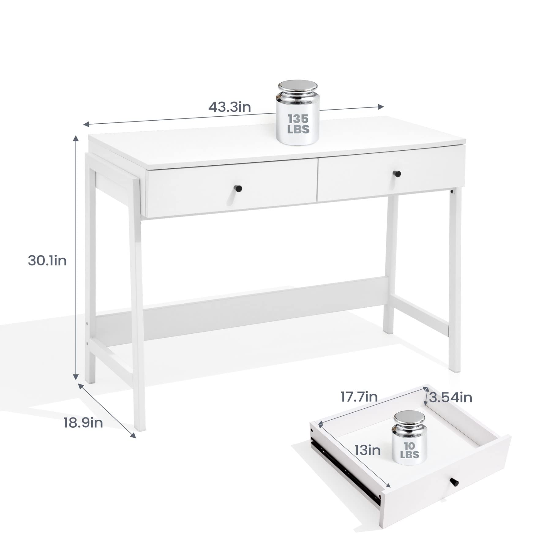 White Desk with 2 Drawers - Modern Home Office Desk for Studying & Working, Makeup Vanity Table for Bedroom | Perfect for Small Spaces, Remote Work & Beauty Routine
