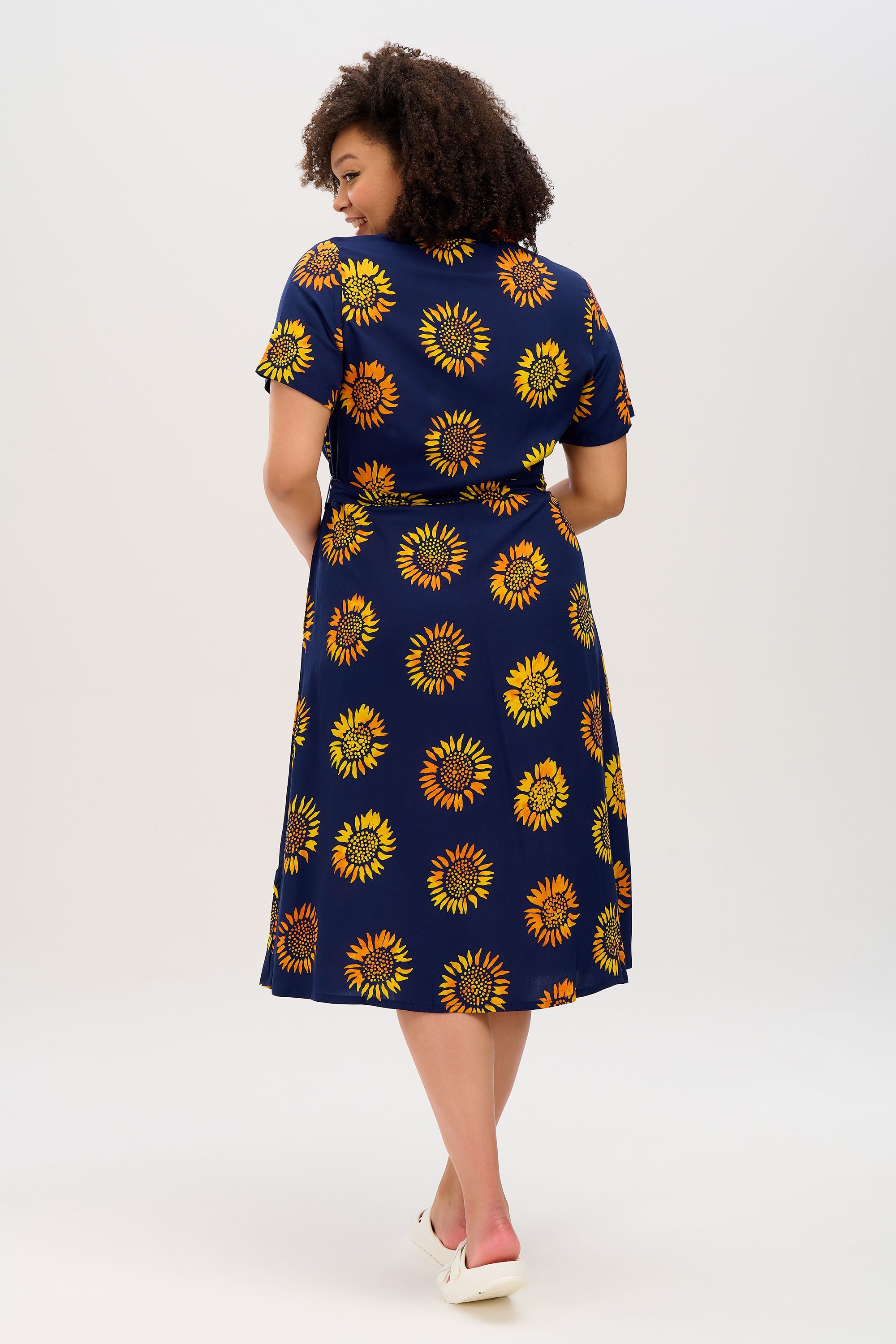 Fiona Batik Midi Shirt Dress - Navy Blue with Sunflower Print | Casual Summer Dress for Women, Beach Cover Up, Boho Chic Outfit