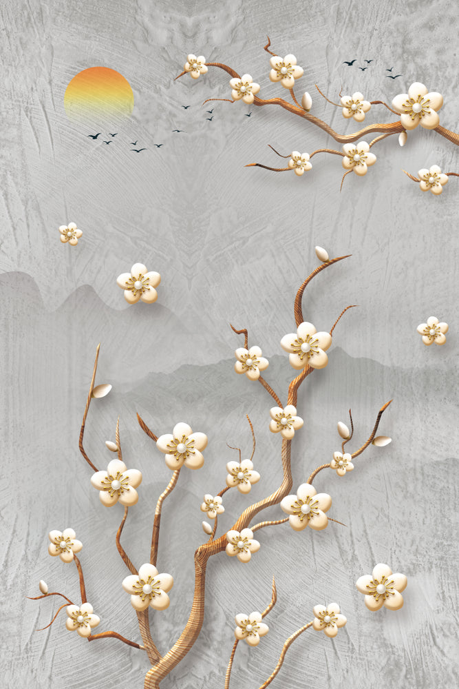 3D Golden Flower Tree Abstract Design Print - 100% Australian Made Wall Art for Living Room, Bedroom & Office Decor