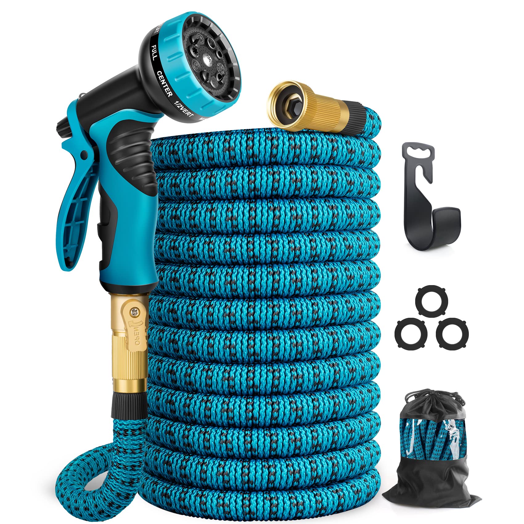 Aterod 50ft Expandable Garden Hose with 10-Function Spray Nozzle - Lightweight, No-Kink, Flexible Water Hose with Solid Brass Connectors for Car Washing, Lawn Watering, and Outdoor Cleaning