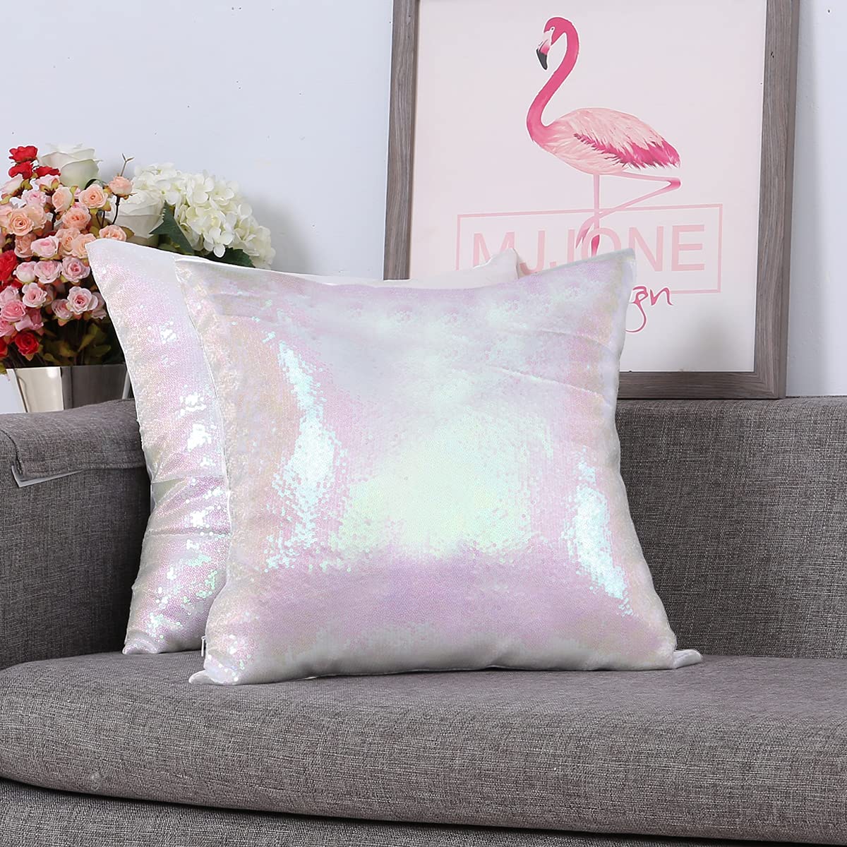 Eternal Beauty Set of 2 Iridescent Sequin Decorative Pillow Covers 18x18 Inch - Glamorous Throw Pillows for Couch, Sofa, Bed & Home Decor - Perfect for Living Room, Bedroom & Wedding Decorations