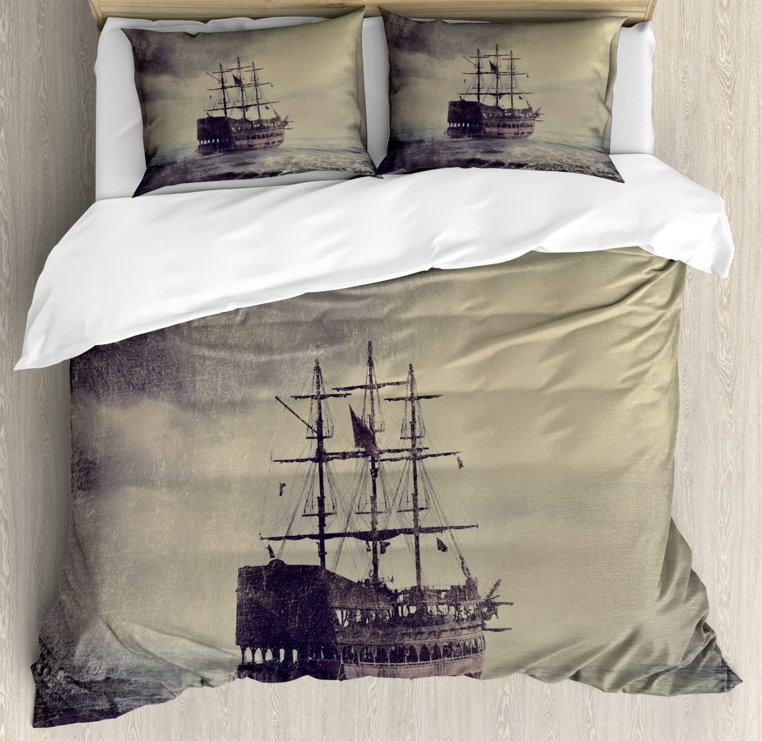 Ambesonne Nautical Duvet Cover Set - King Size 2-Pack with 2 Duvet Covers & 4 Pillowcases - Vintage Pirate Ship Maritime Theme in Plum & Tan - Perfect for Coastal, Nautical or Adventure Themed Bedrooms