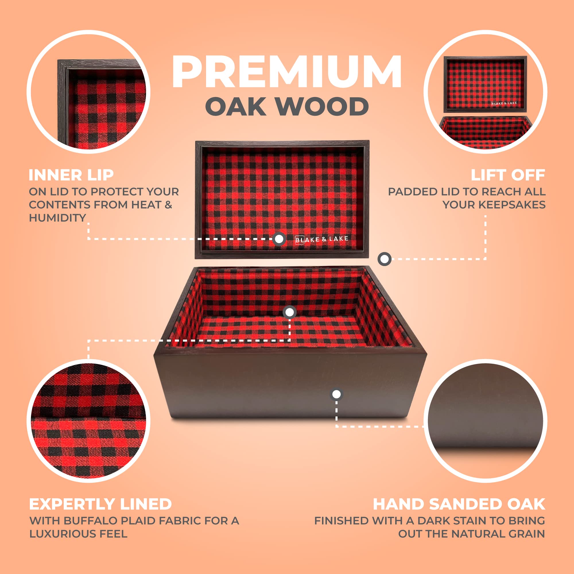 Blake & Lake Large Oak Wood Keepsake Box with Buffalo Plaid Lining - Handcrafted Decorative Storage Box with Lift-Off Lid - Perfect for Jewelry, Photos & Home Decor Organization