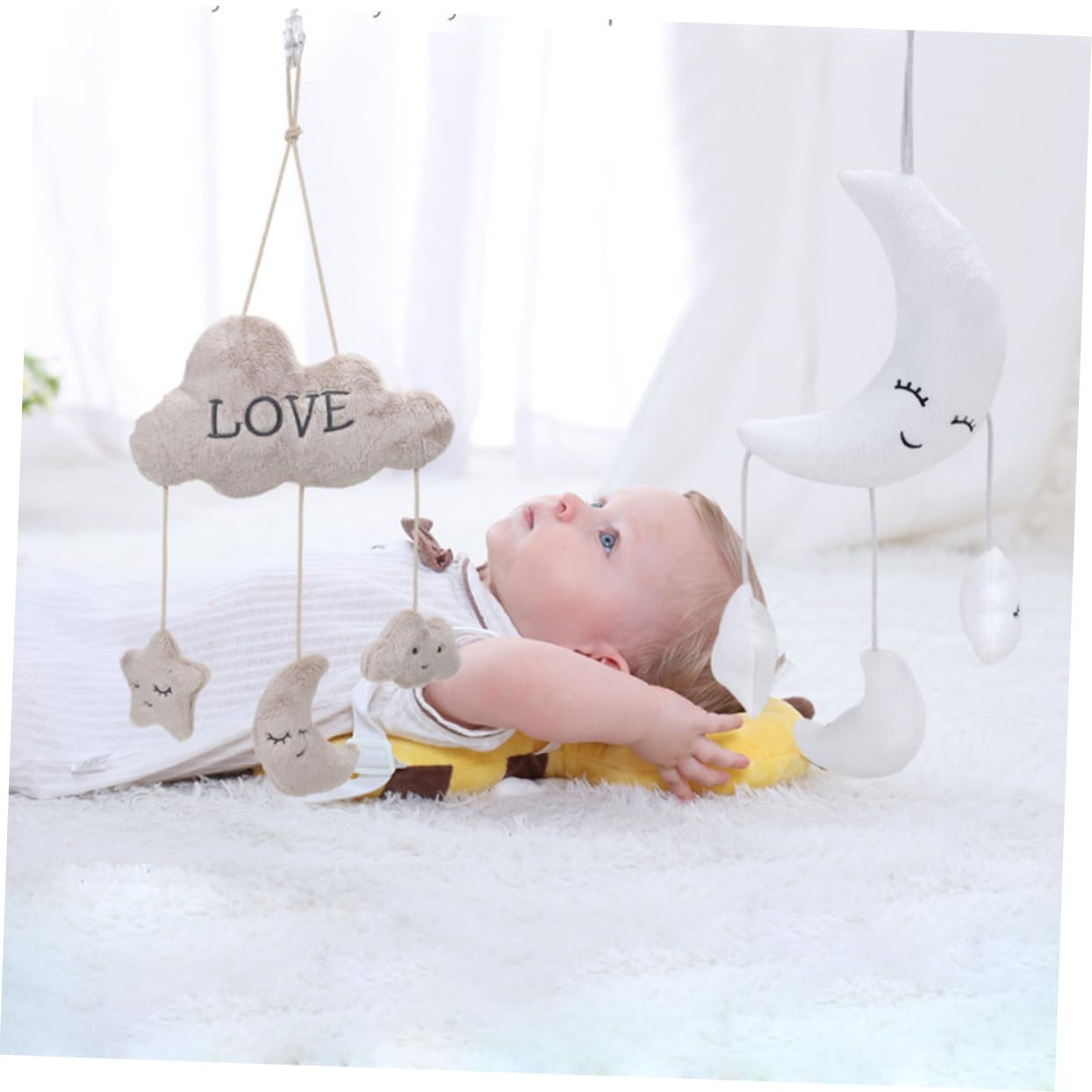 UPKOCH Soft Plush Hanging Rattle Toy with Music - White Baby Crib Mobile for Newborns & Infants | Nursery Decor, Sensory Play & Early Learning Development