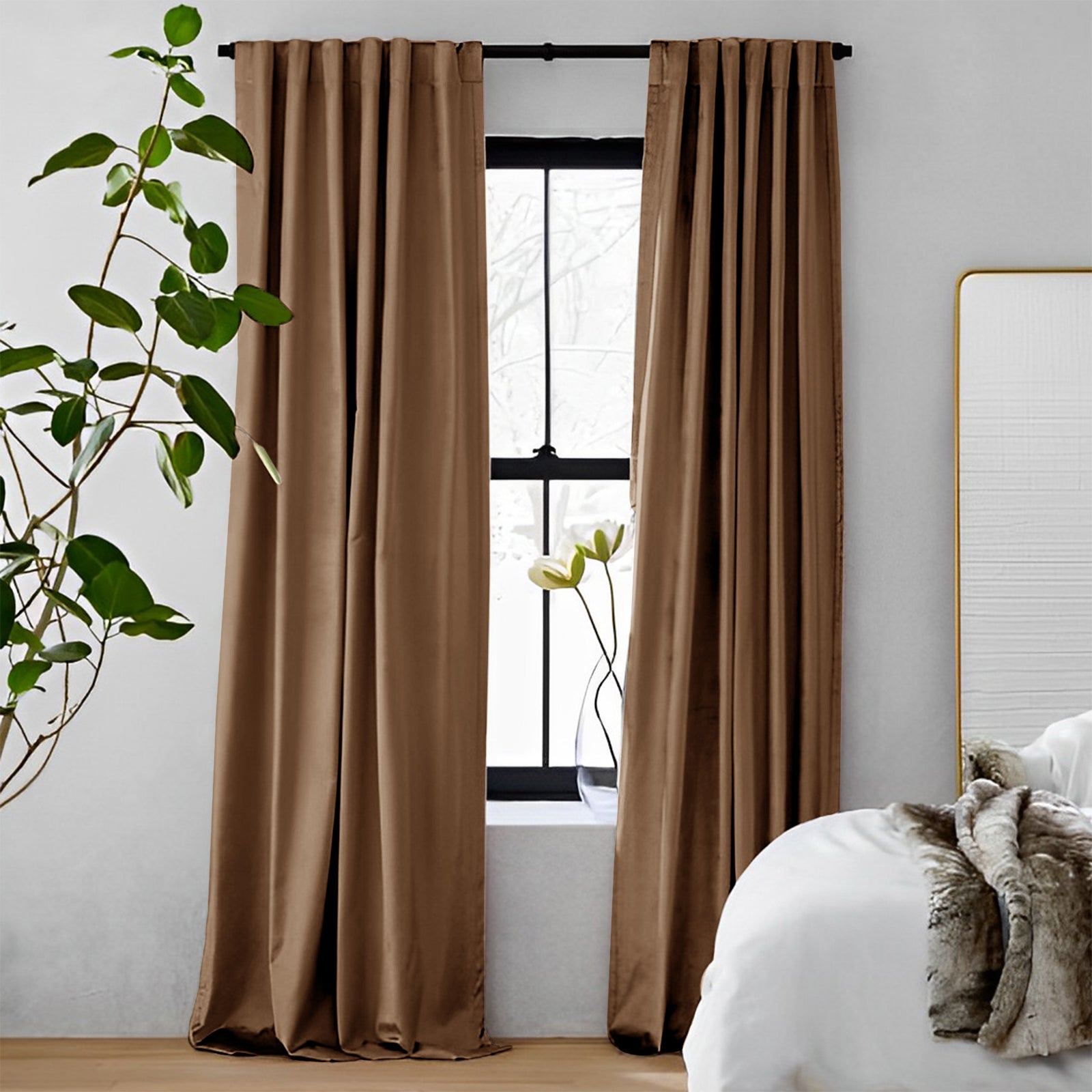 Luxury Blackout Curtains - Heavyweight Velvet Drapes in Greyish Brown | Noise Reducing & Thermal Insulated | Perfect for Bedroom, Living Room & Home Theater