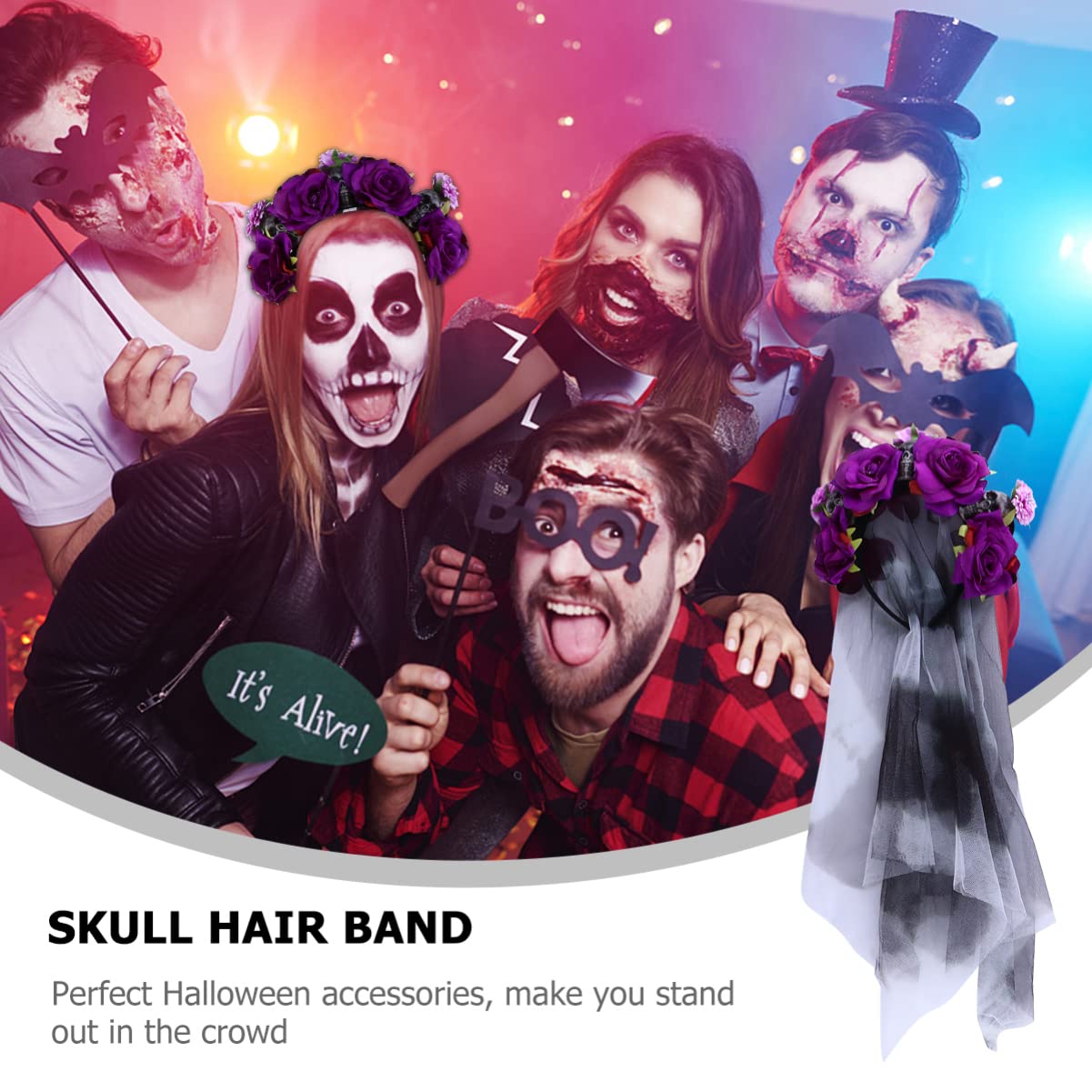 Beaupretty Day of The Dead Floral Rose Headband with Veil & Skull Decor - Gothic Halloween Hair Accessory for Women, Bridal Shower, Costume Parties & Dia de Los Muertos Celebrations