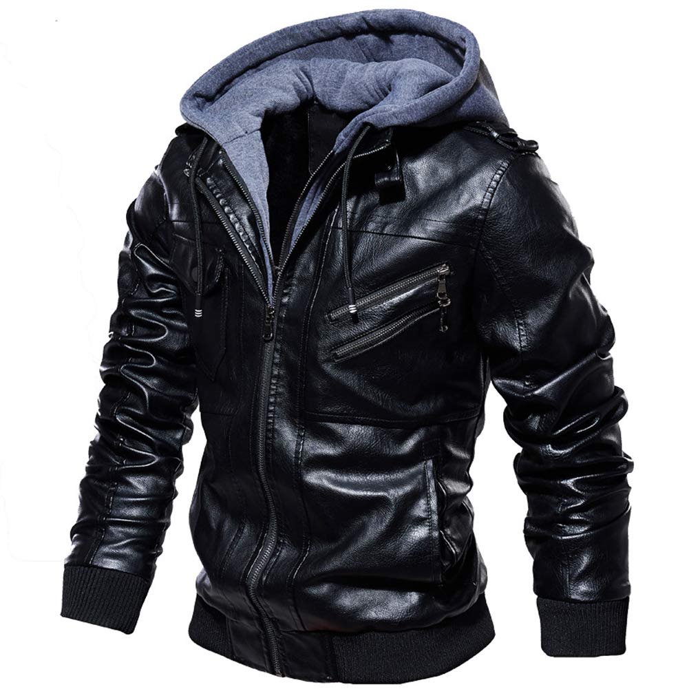 Men's Vintage Faux Leather Bomber Jacket with Removable Hood - Motorcycle Style Jacket Coat for Casual Wear & Outdoor Adventures