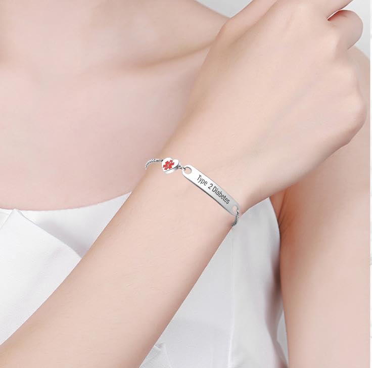 Heart Medical Alert ID Bracelet for Women - Stainless Steel Adjustable Emergency Health Bracelet with Engraved Info - Perfect for Seniors, Allergies & Medical Conditions (Ideal for Daily Wear & Travel Safety)