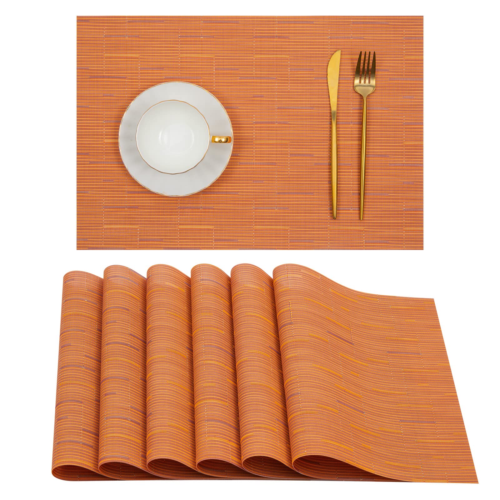 U'Artlines Heat-Resistant PVC Placemats Set of 6 - Stain Proof, Non-Slip, Washable Vinyl Table Mats for Dining, Kitchen & Outdoor Use (Orange)