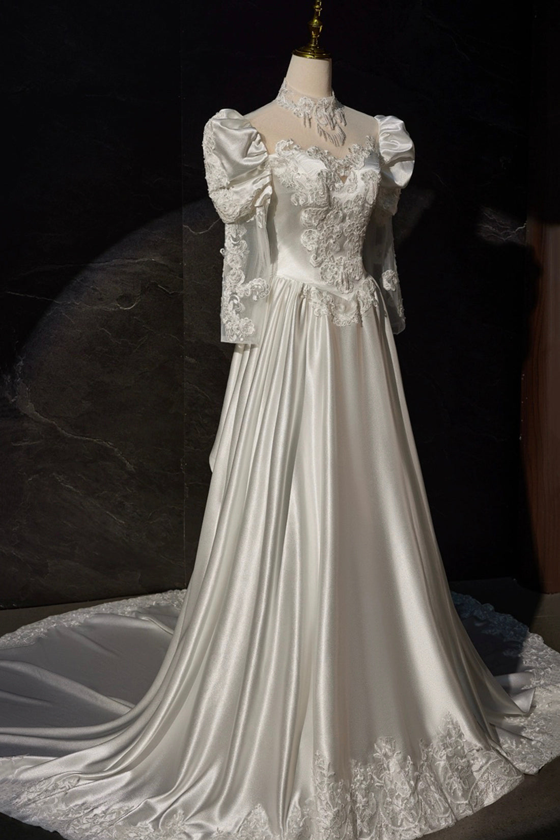 Elegant A-Line Satin Lace Long Sleeve Evening Dress for Women - Perfect for Weddings, Parties & Formal Events