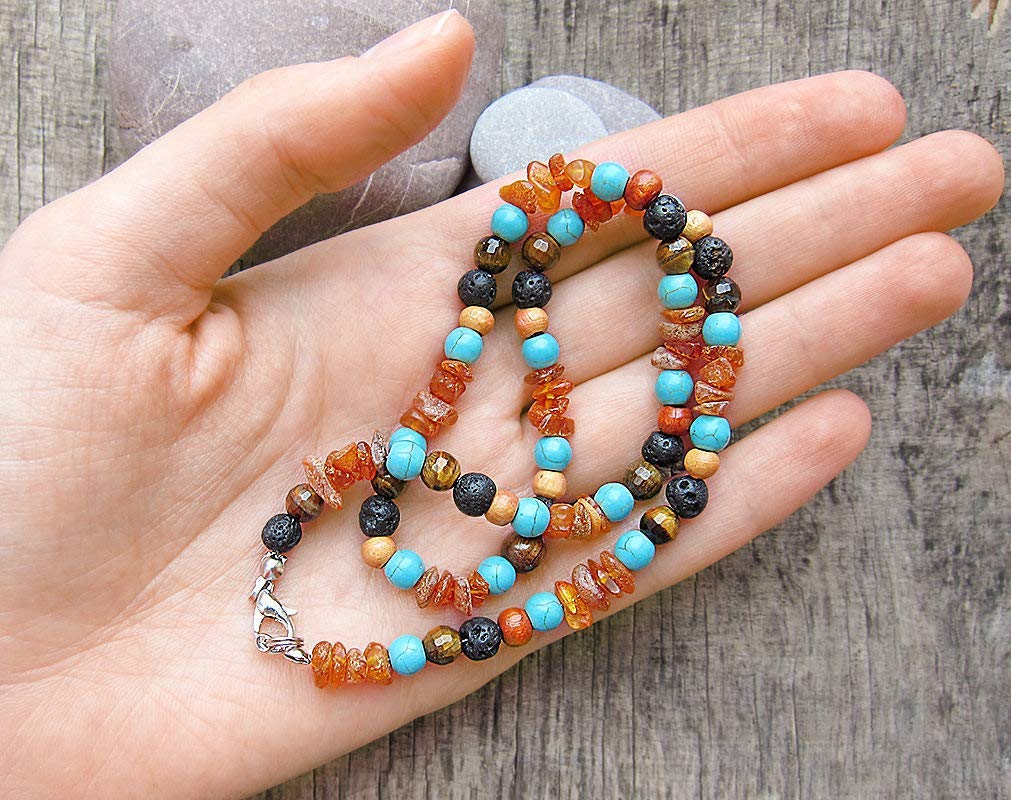 Surfer Choker Necklace for Men - 8mm Natural Baltic Amber Beaded Tribal Jewelry with Wood Accents | Perfect for Beach Parties, Music Festivals & Boho Style Outfits