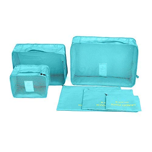 6-Piece Waterproof Packing Cubes Set - Travel Luggage Organizer with 3 Compression Bags & 3 Pouches for Backpack Storage - Light Blue - Perfect for Travel, Camping & Business Trips
