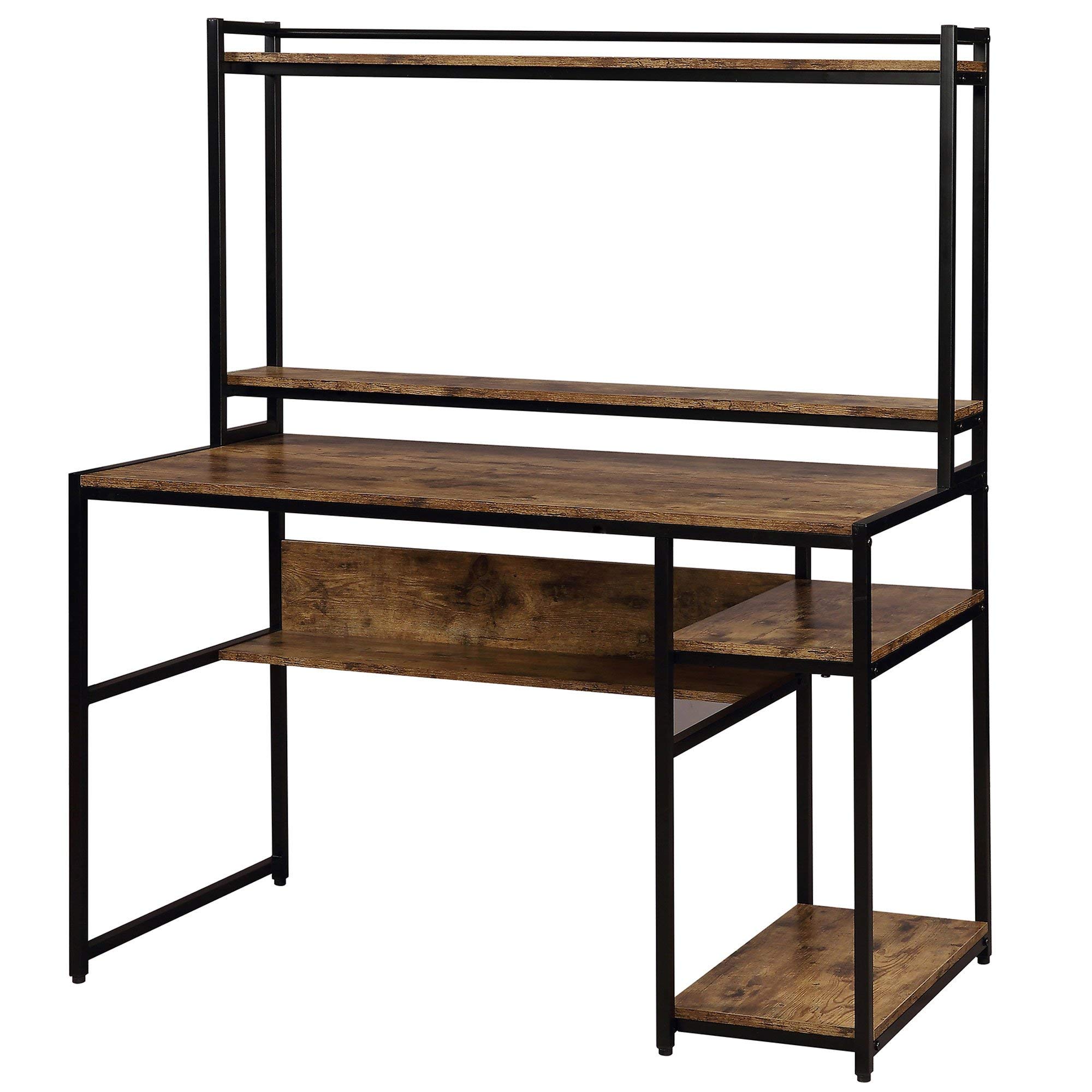 Brown MDF Board Home Office Computer Desk with 2-Tier Bookshelf & Open Storage Shelf | Removable Monitor Riser | Perfect for Small Spaces, Study Rooms & Home Offices