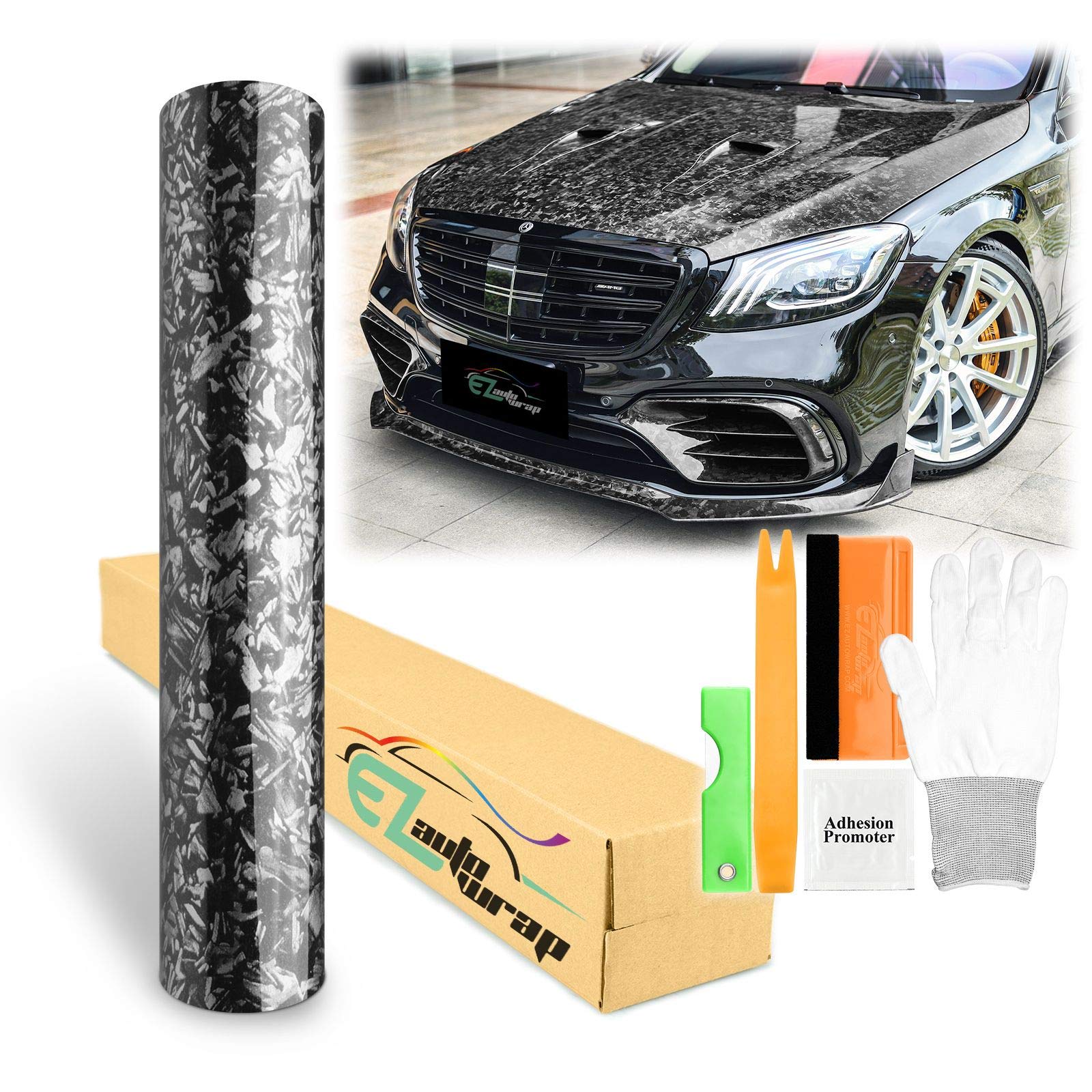 5FT x 20FT Glossy Carbon Fiber Black Vinyl Wrap - Bubble-Free Air Release Self-Adhesive Film for Cars, Motorcycles & Vehicles - DIY Peel & Stick Decal with Free Tool Kit - Perfect for Auto Customization & Decoration