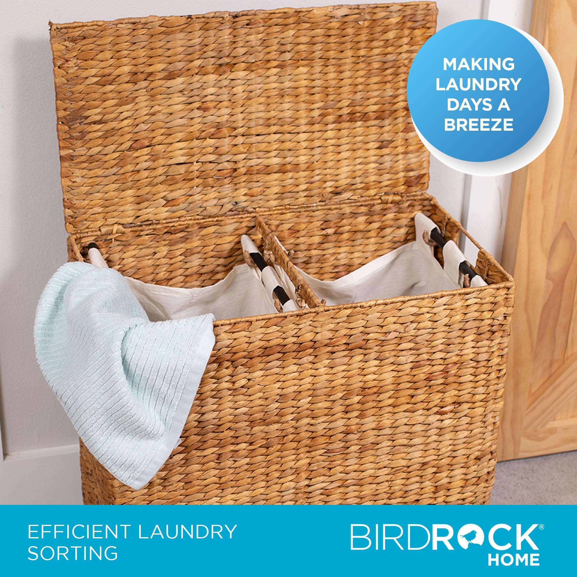 BIRDROCK HOME Handwoven Double Laundry Hamper with Removable Liner Bags & Lid - Natural Woven Laundry Basket for College Dorm, Bathroom, Bedroom | Clothes Storage & Organization Solution for Home, Apartment, or Shared Spaces
