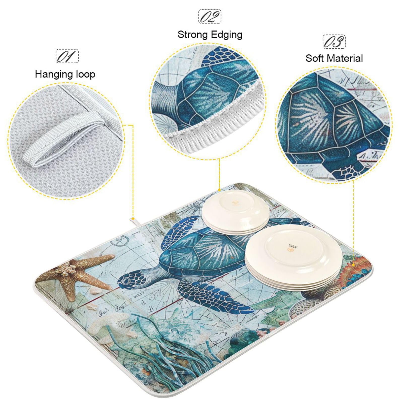 Ocean Sea Turtle Dish Drying Mat - 16x18in Absorbent Microfiber for Kitchen Counter - Fast Dry for Dishes & Utensils