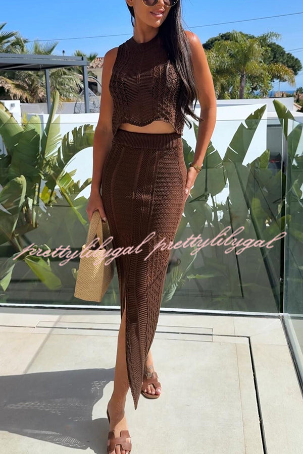 Stylish Solid Color Sleeveless Hollow Knit Crop Top & Elastic Slit Slim Midi Skirt Set - Summer Outfit for Women | Perfect for Beach, Party & Casual Wear