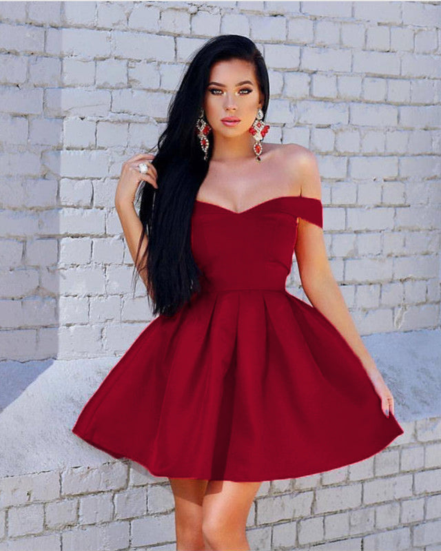 Elegant A-Line Satin V-Neck Off-The-Shoulder Short Homecoming Dress for Women - Perfect for Prom, Party, and Special Occasions