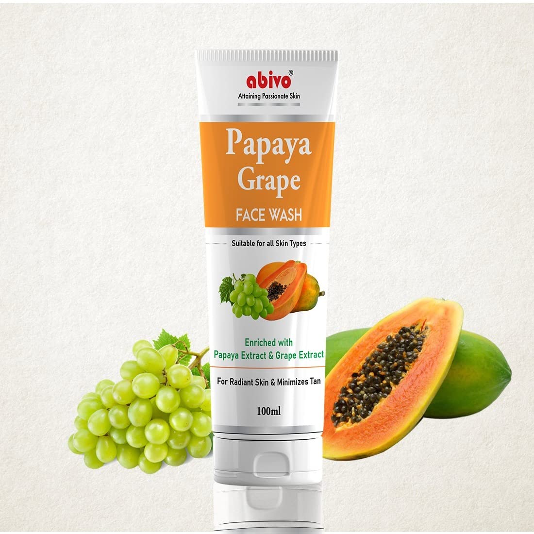 Abivo Papaya Grape Face Wash for Radiant Skin - Reduces Tan & Anti-Aging | 100ml Cleansing Formula for Clear, Glowing Complexion | Perfect for Daily Skincare Routine & Post-Sun Care