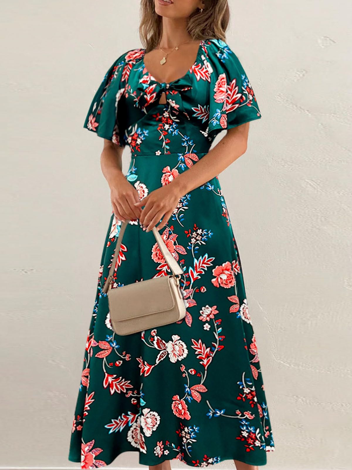Fashionme Women's Summer Maxi Dress 2025 - Elegant Deep V Neck, Bow Tie Front, Cap Sleeve Floral Satin Smocked Dress for Beach, Wedding & Special Occasions