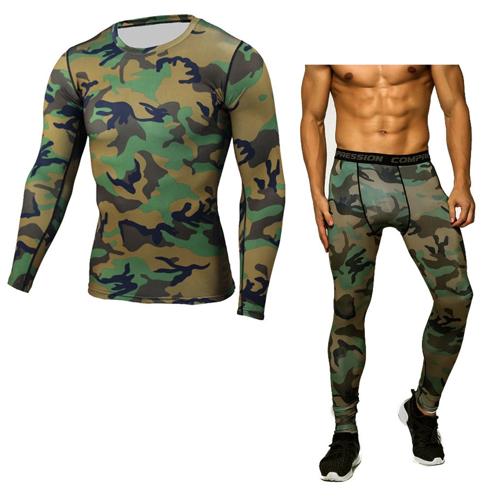 1Bests Men's Camo Tight Sportswear Set - Gym Workout Running Pants & Top for Indoor Training | High-Performance Compression Suit for CrossFit, Jogging & Fitness