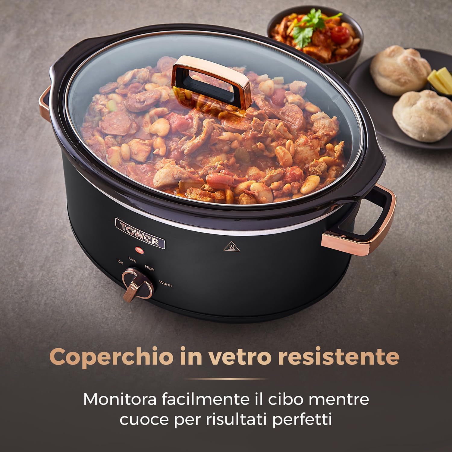 6.5 Quart Slow Cooker with 3 Heat Settings, Cool-Touch Handles, Black & Rose Gold - Perfect for Family Dinners, Meal Prep & Entertaining