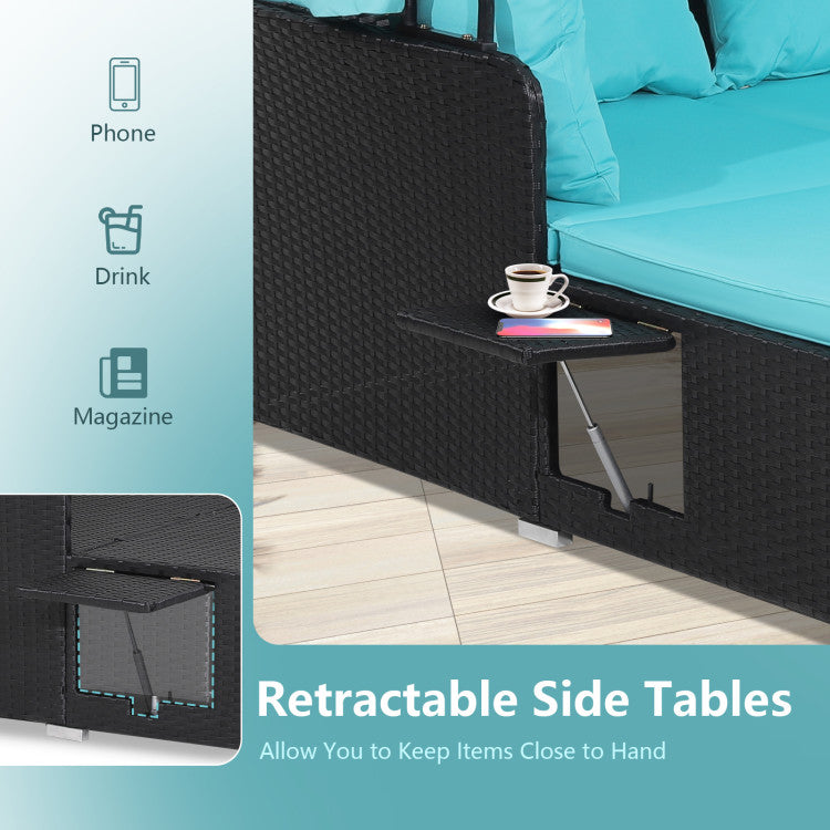 Costway Outdoor Patio Rattan Daybed with Retractable Canopy & Side Tables - Black - Perfect for Poolside Lounging, Garden Relaxation & Backyard Sunbathing