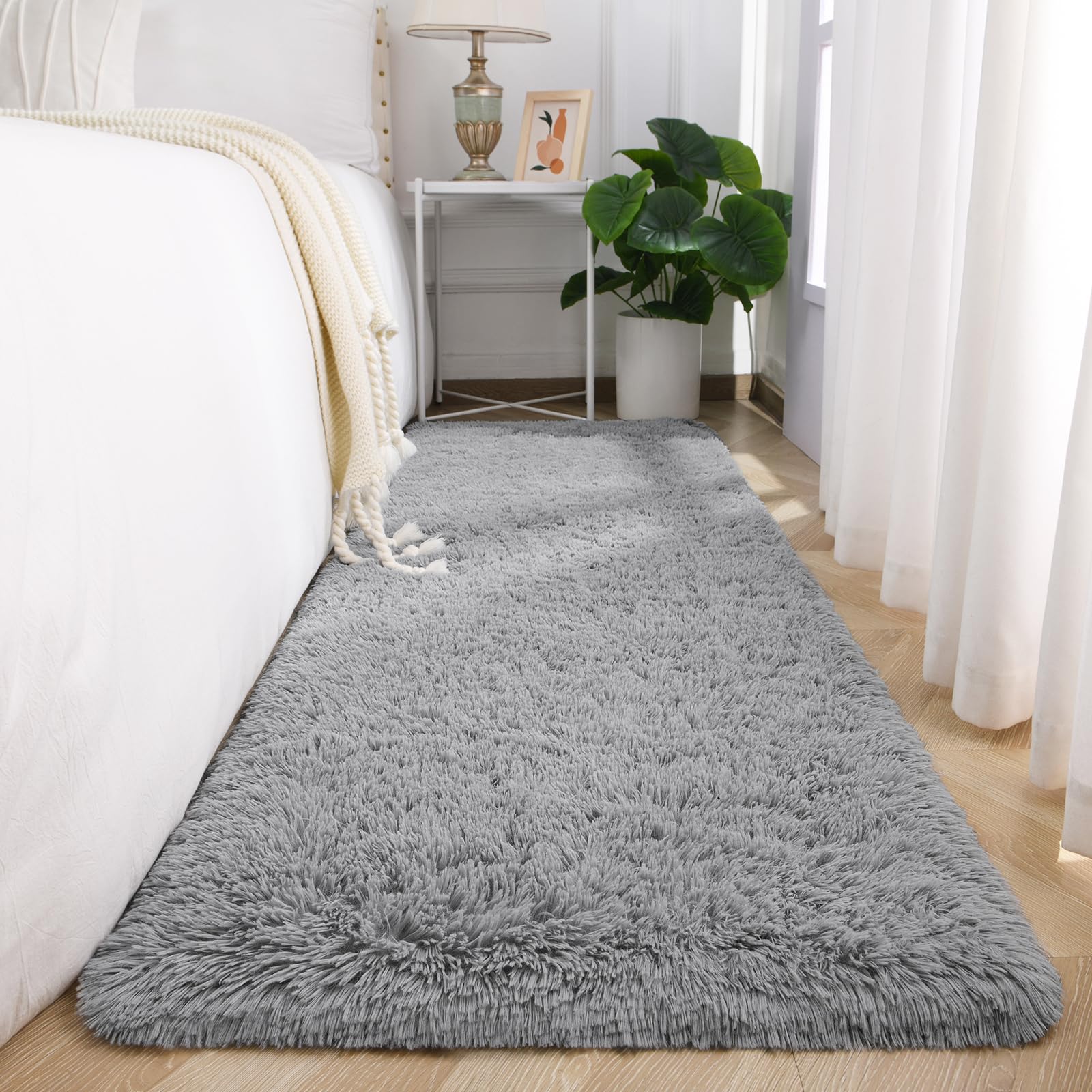 Kimicole Grey Area Rug 2x6 Feet - Modern Fluffy Shaggy Rug for Bedroom & Living Room - Soft Plush Carpet for Home Decor, Kids Play Area, Nursery & Office