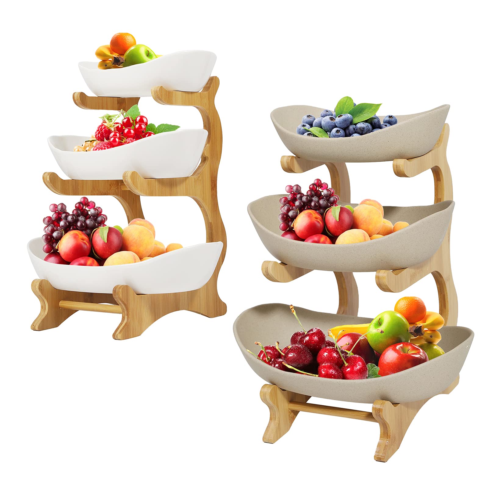3-Tier Ceramic Fruit Bowl with Bamboo Stand - Large Capacity Serving Tray for Fruits, Vegetables, Snacks & Candy - Elegant Party Wedding Decor (White) | Perfect for Dining Table Centerpiece, Buffet Display & Kitchen Storage