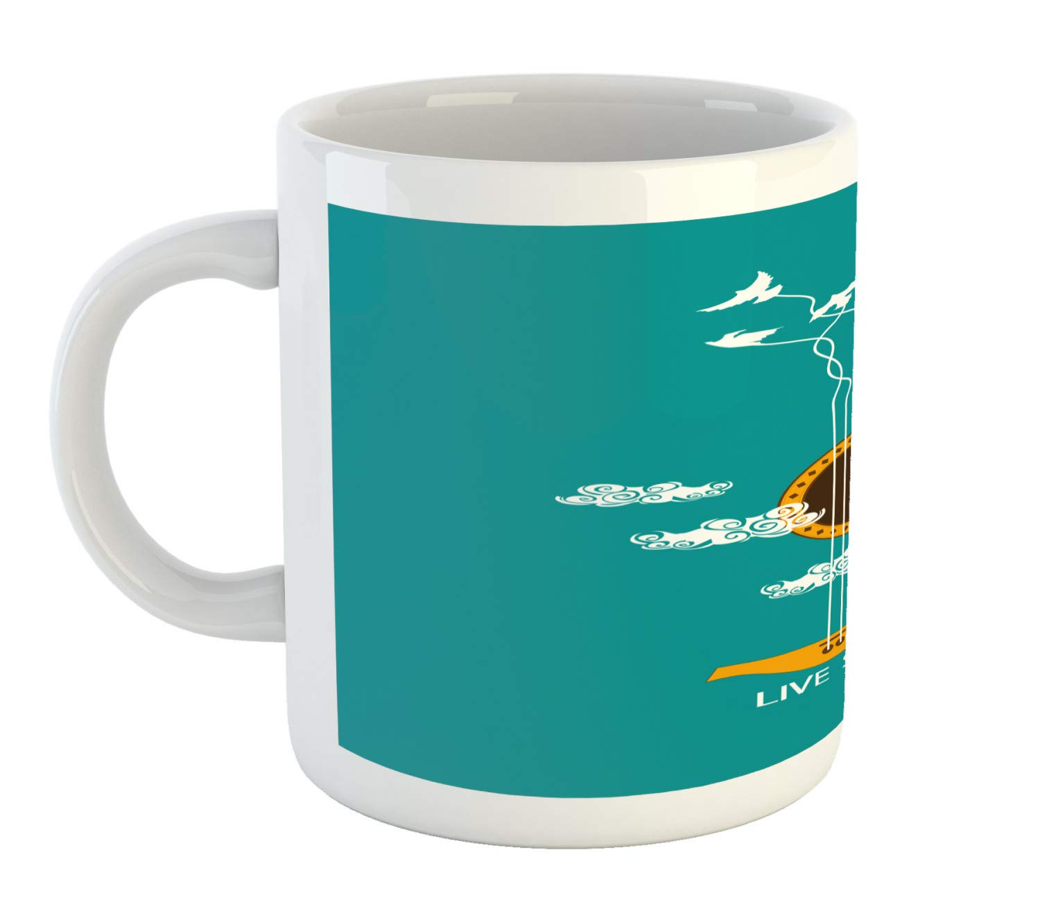 Ambesonne Guitar Mug - Abstract Music Themed Ceramic Coffee Cup with Birds on Strings & Clouds Design, Turquoise Marigold White - Perfect for Tea, Coffee & Hot Drinks at Home, Office or Music Studio