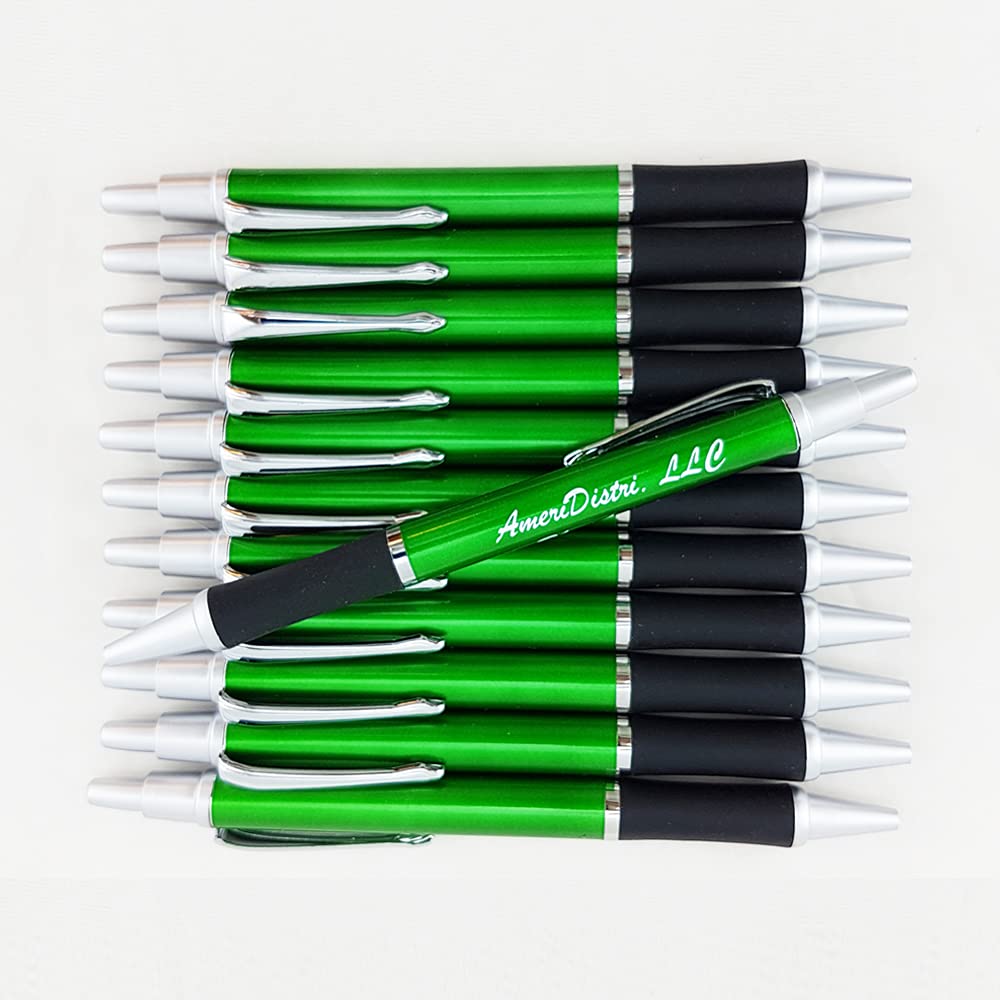 EZPENCILS & GIFTS - 100 Pack Premium Bullet Ballpoint Pens with Elegant Silver Accents - Free Personalization - Green Body & Black Grip - Perfect for Office, School & Corporate Gifts