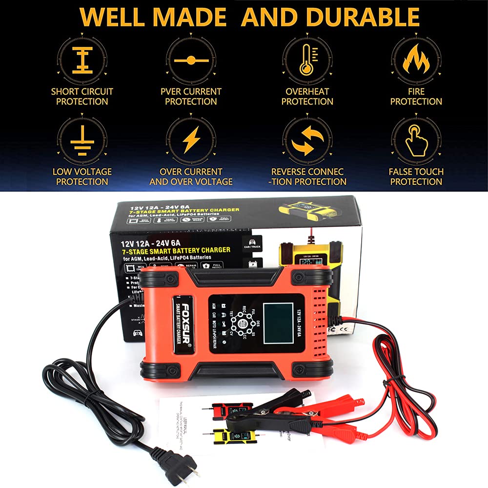 12V 24V 12A Smart Lead Pulse Battery Charger for Motorcycle & Car - LiFePO4 AGM Deep Cycle Gel EFB Lead-Acid Battery Charger - Perfect for Auto Repair Shops, Home Garage & RV Maintenance