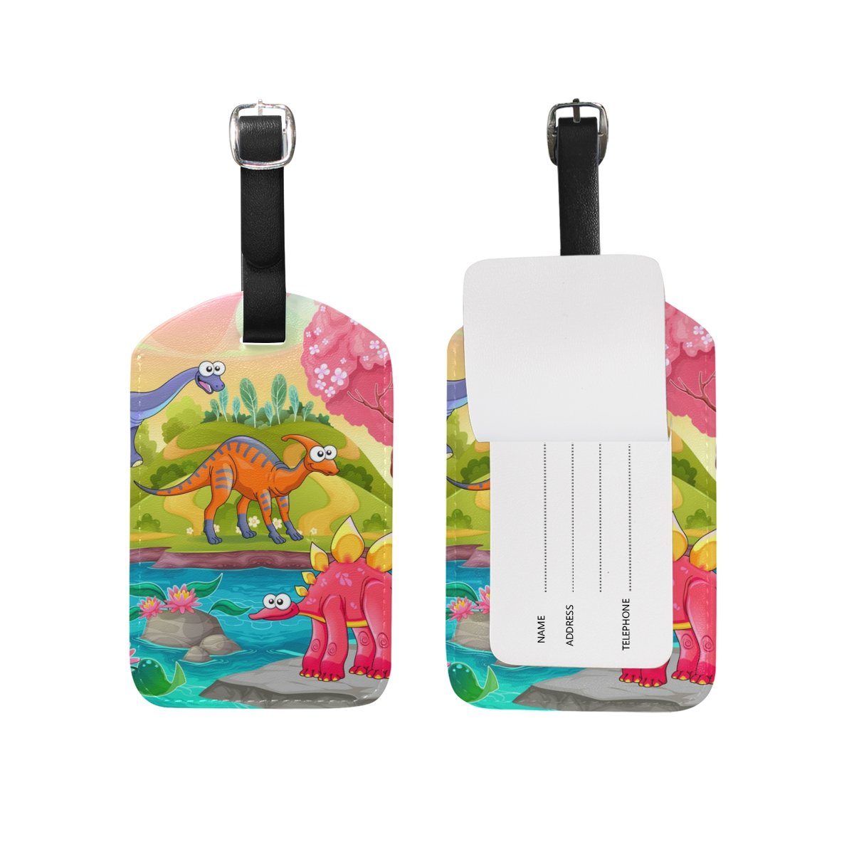 Funny Dinosaurs Cartoon Kids Luggage Tags - PU Leather Suitcase ID Tags for Travel, School & Daycare - Durable Baggage Labels for Backpacks, Suitcases & Carry-Ons