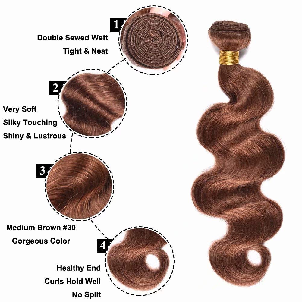 Brazilian Body Wave Human Hair Bundles - 3 Bundles (16 18 20 Inch) 100% Virgin Mink Brazilian Hair Weave Extensions - Natural Wavy Colored 30 Brown - Perfect for Salon Styling, Everyday Wear & Special Occasions