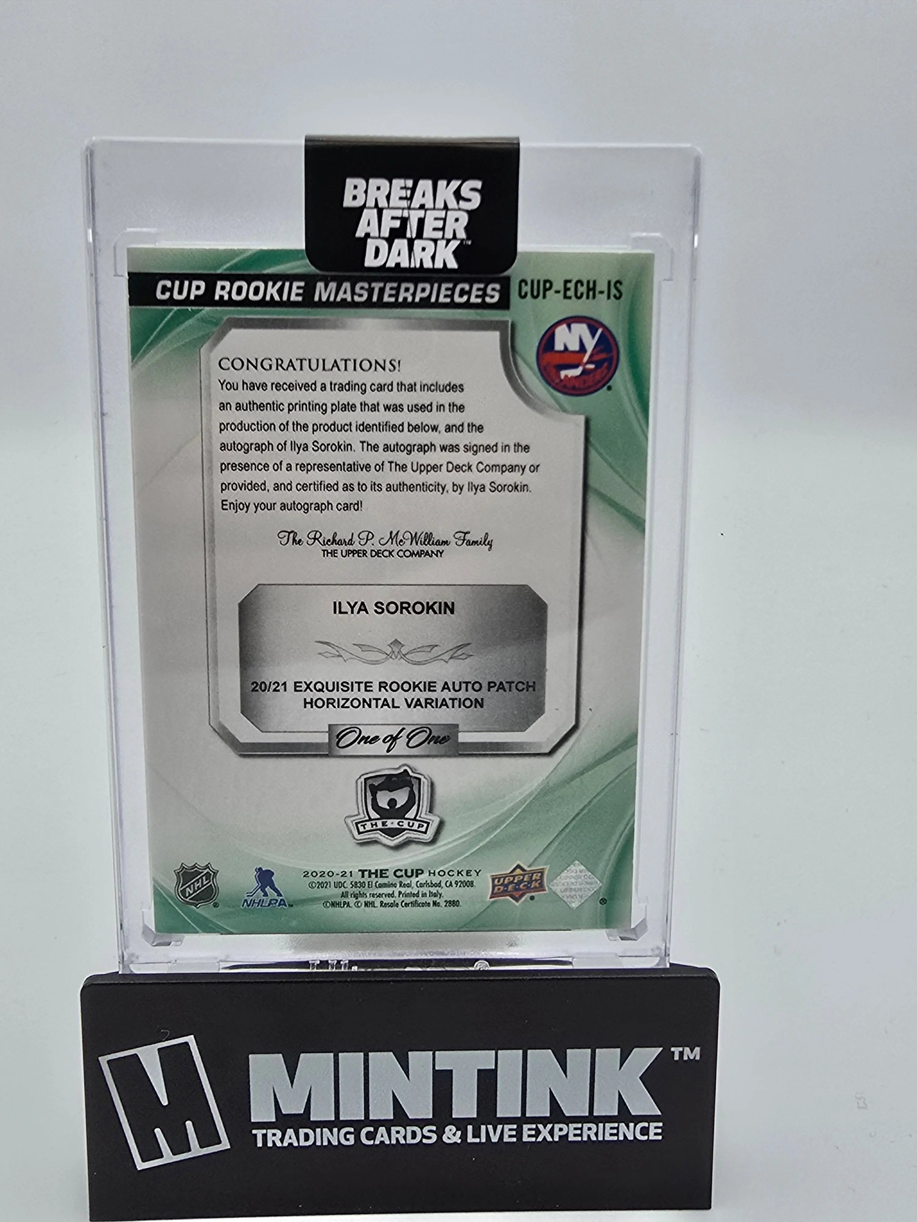 2020-21 Upper Deck The Cup RPA Horizontal Variation Ilya Sorokin Black Printing Plate Auto 1/1 Hockey Card - Rare Collectible for NHL Fans & Sports Memorabilia Enthusiasts