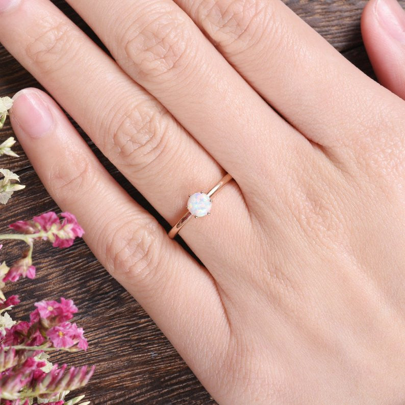 5mm Opal Engagement Ring - Lab-Created Solitaire Rose Gold, 6-Prong Birthstone Stacking Ring | Minimalist Wedding Band, Anniversary Gift for Her, Perfect for Everyday Wear & Special Occasions