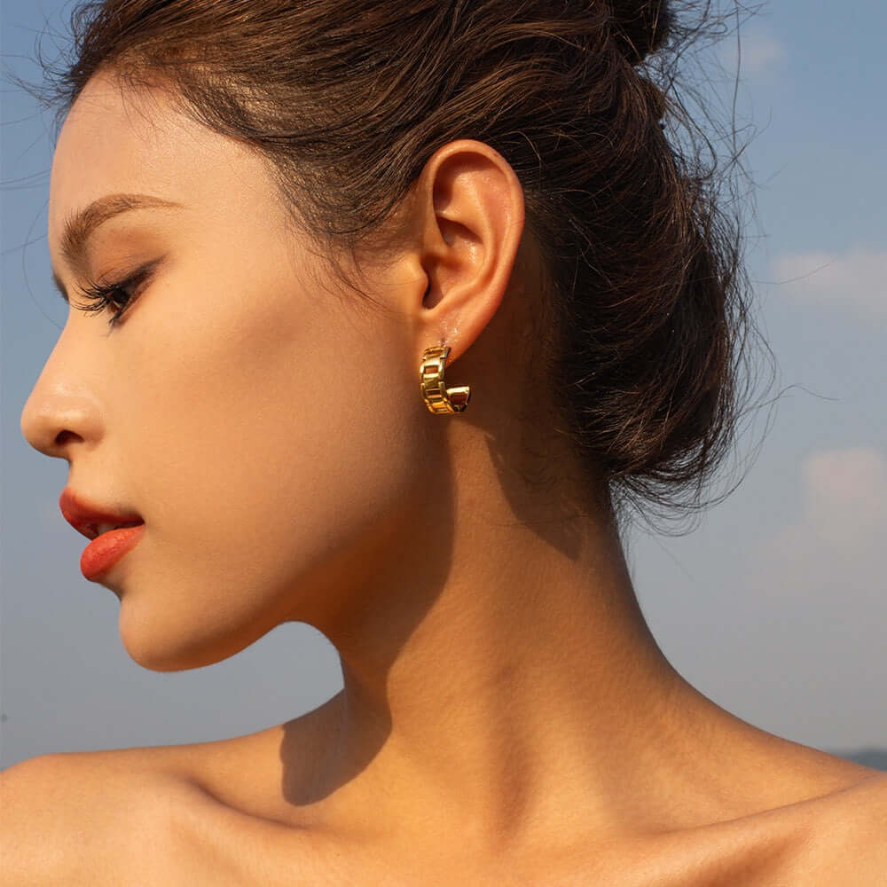18K Gold Plated C Hoop Earrings for Women - Classic Elegant Watchband Design Jewelry Gift | Perfect for Everyday Wear, Office, Parties & Special Occasions