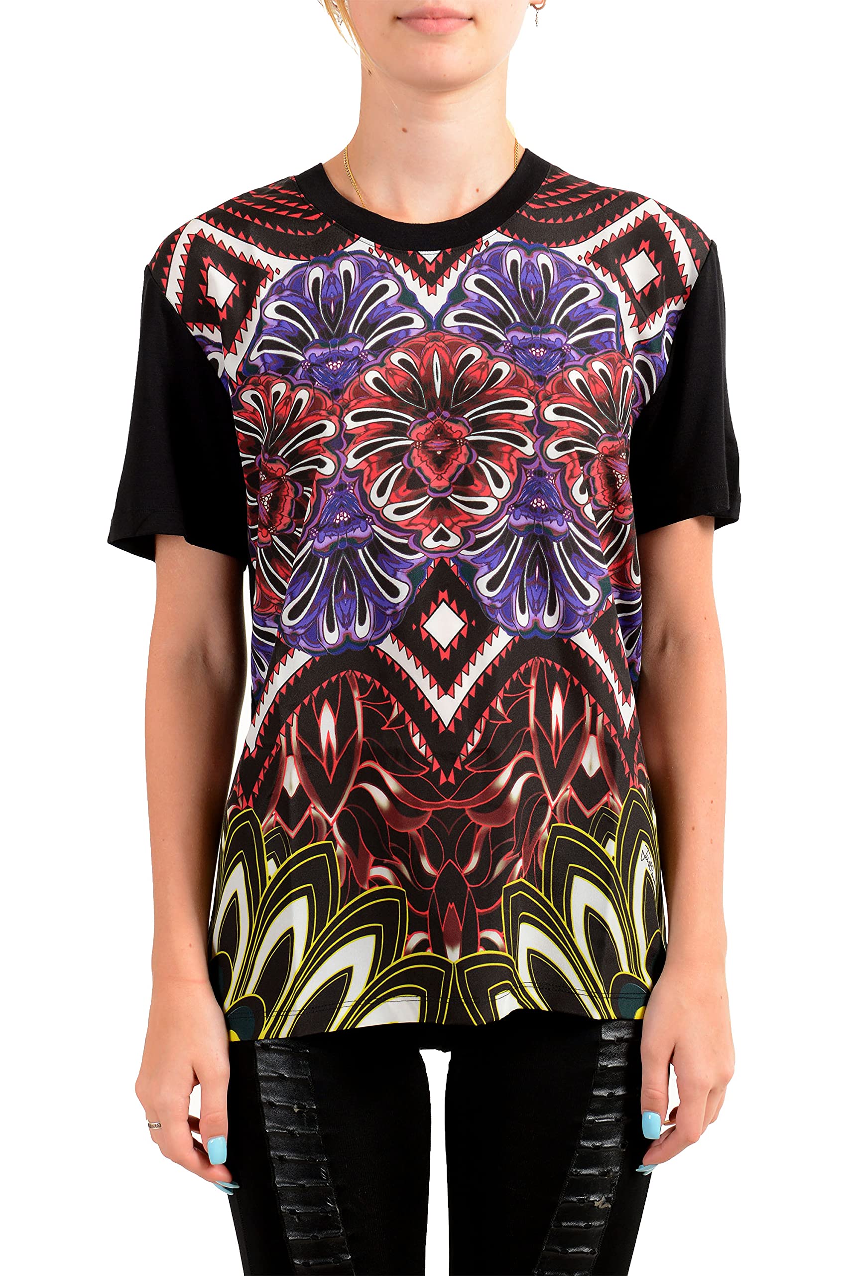 Just Cavalli Women's Floral Print Multi-Color Crewneck T-Shirt | Casual Short Sleeve Blouse | US Size S (IT 40) | Perfect for Summer Outings, Beach Vacations & Date Nights