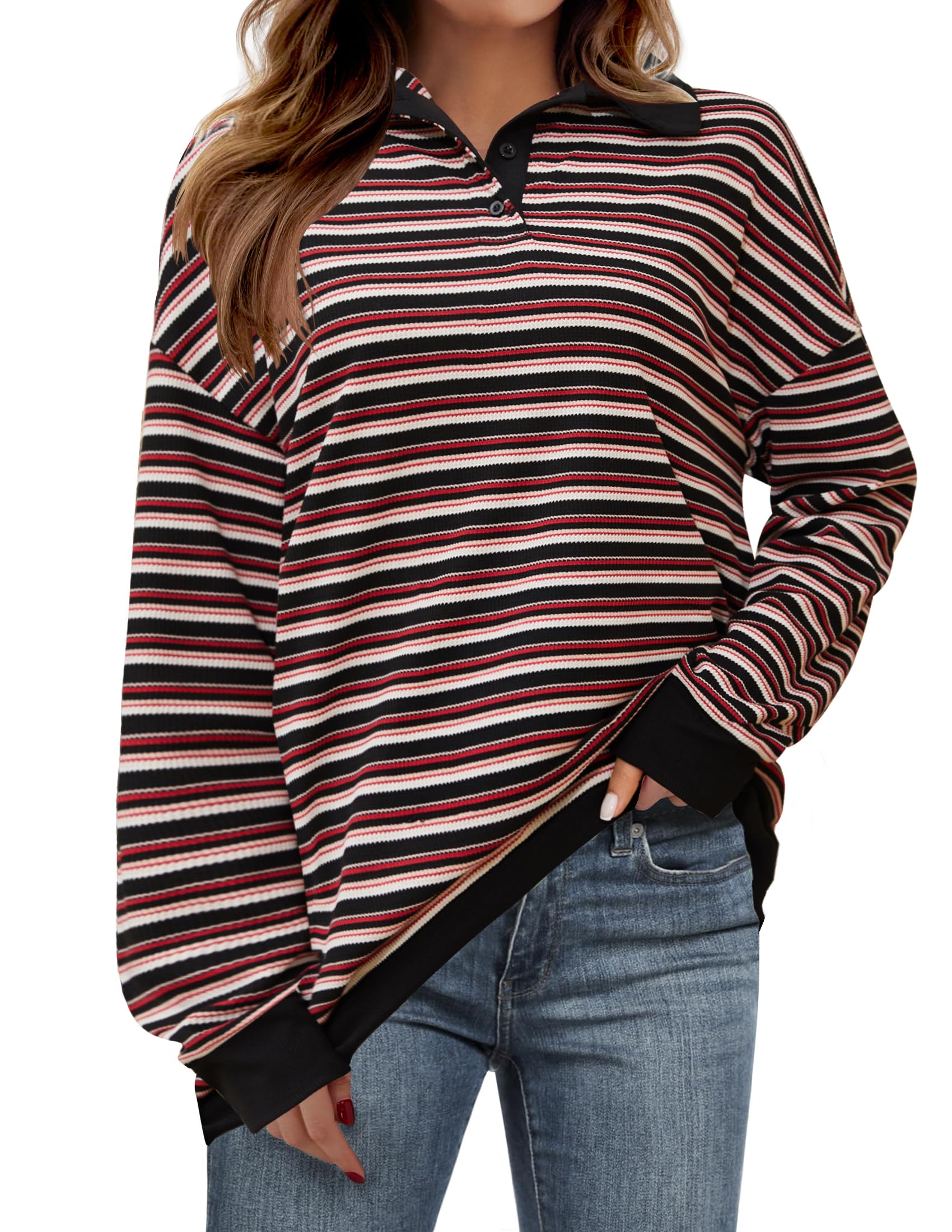 NENONA Women's Long Sleeve Oversized Button Down Shirt - Striped V-Neck Lightweight Waffle Knit Henley Top for Casual Wear, Layering & Fall Outfits