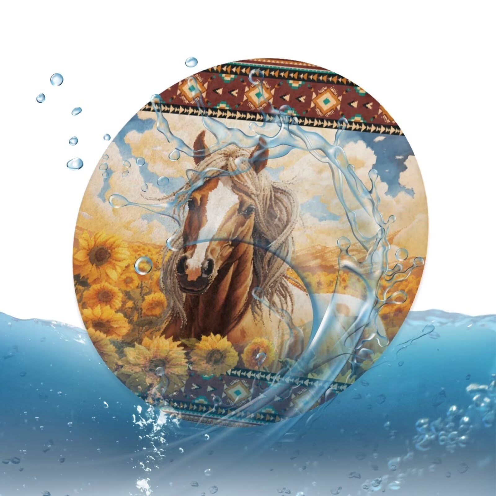 INSTANTARTS Aztec Horse Sunflower 2-Piece Non-Slip Car Cup Coasters - Absorbent Drink Coaster Mats for Hot & Cold Beverages - Perfect for Car, Office, Kitchen, and Living Room Use
