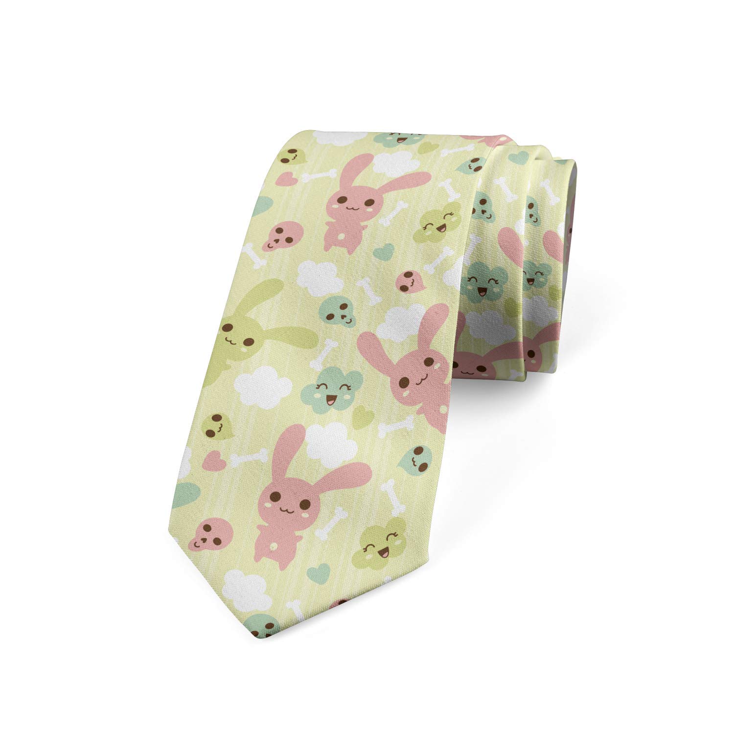 Ambesonne Stylish Bunny Clouds & Bones Pattern Necktie - 3.7