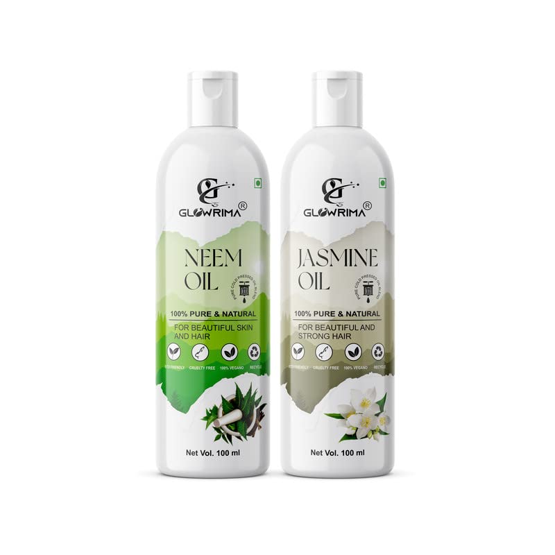 Glowrima 100% Pure Neem Oil & Jasmine Oil Combo (100ML Each) - Promotes Hair Growth, Prevents Hair Loss, Repairs Split Ends for Soft & Shiny Hair - Perfect for Daily Hair Care & Scalp Treatment - Pack of 2 Bottles