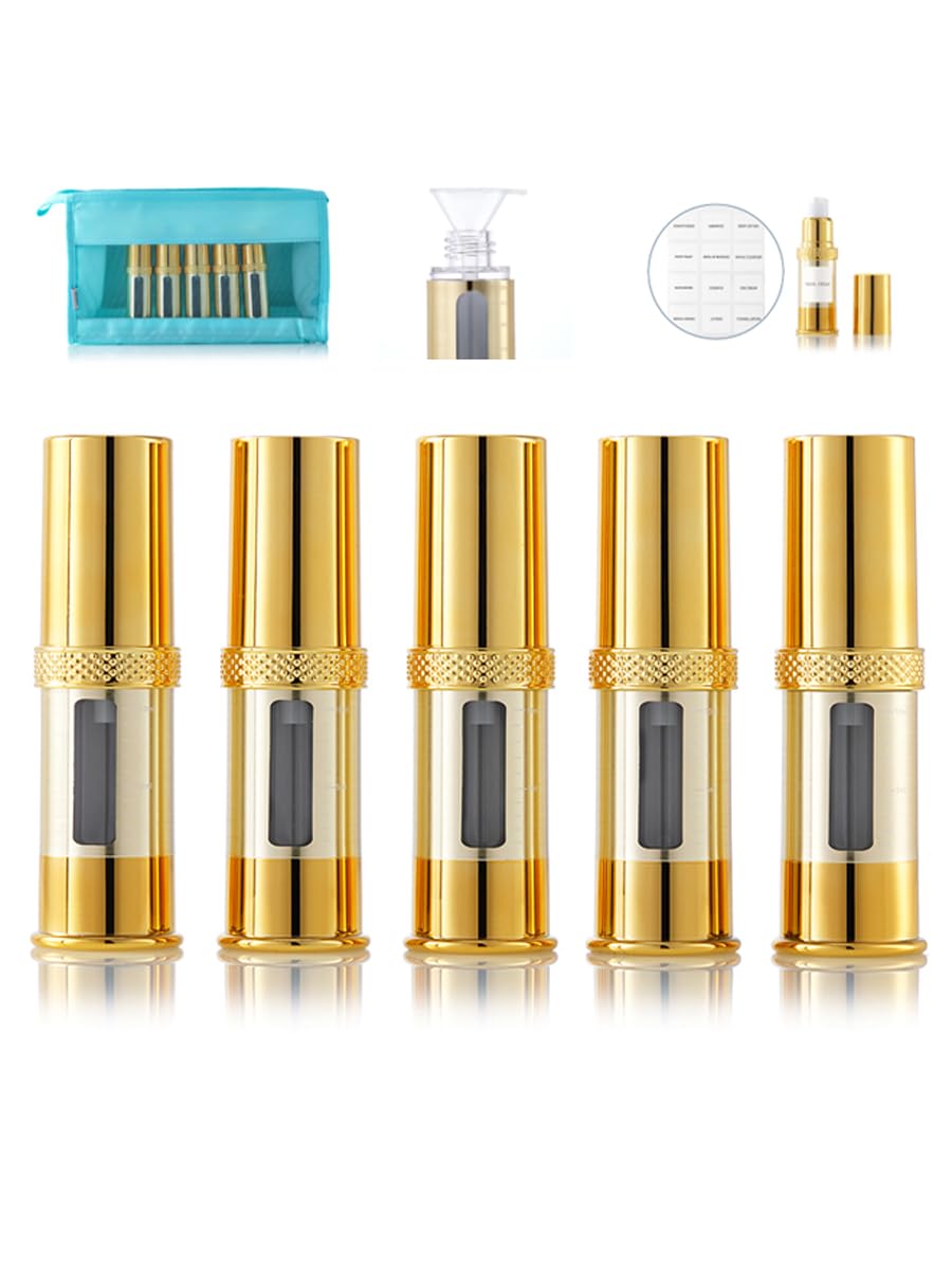 1/3 oz Airless Cosmetic Pump Bottles - Refillable Travel Toiletry Containers with Cosmetic Bag (10ml, Pack of 5) for Skincare, Lotion, Serum & Makeup | Perfect for Travel, Gym & Daily Use