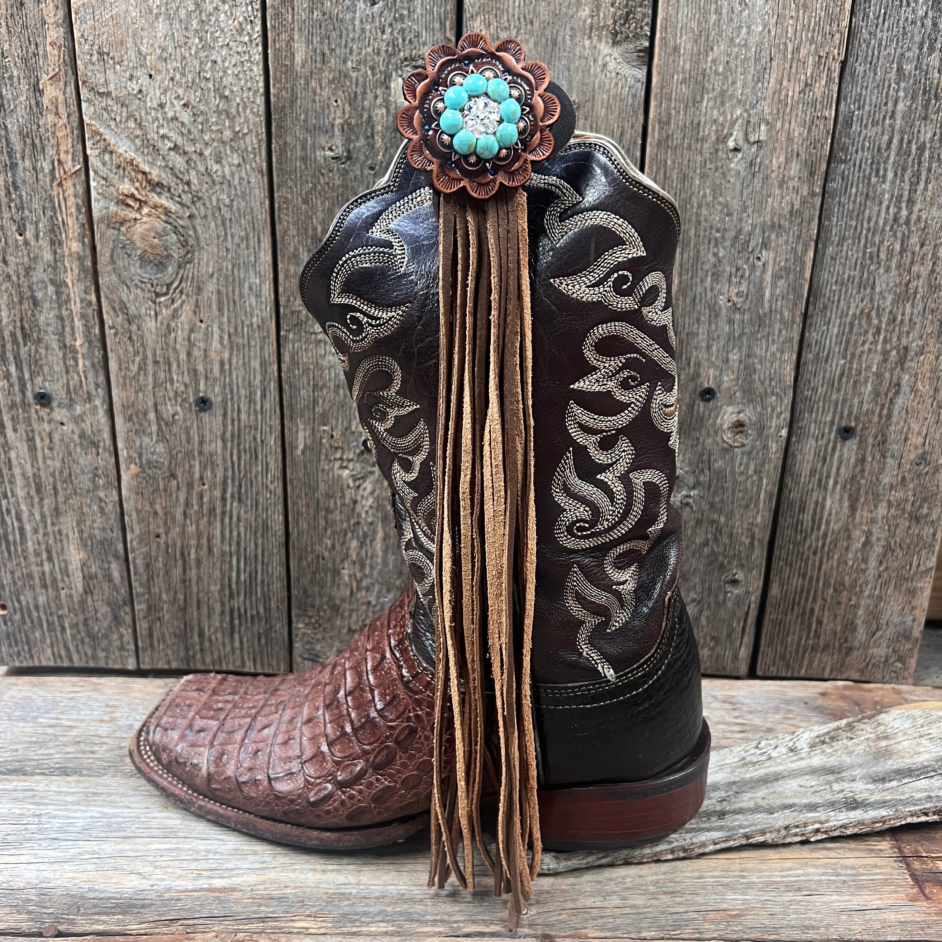 Boot Cuff Jewelry - Copper Fashion Turquoise & Clear Concho Fringe Accessory for Cowgirl Boots | Western Style Boot Decor for Women | Perfect for Rodeo, Country Music Festivals & Western Fashion